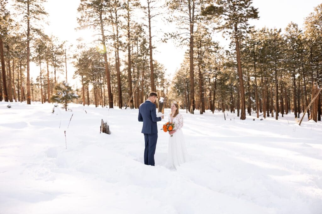 Bride and groom embracing after a snowy outdoor elopement ceremony.